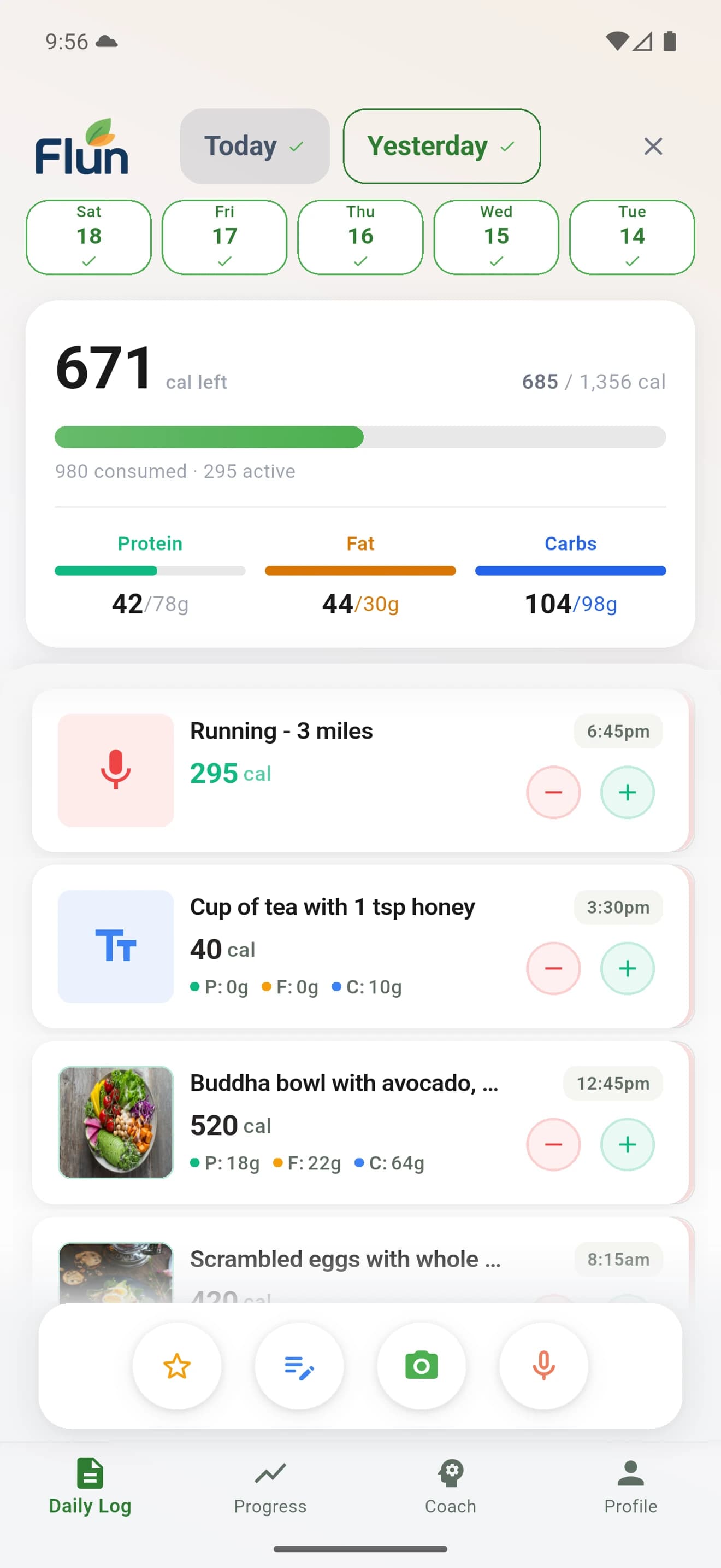 Flun daily log screen showing calorie target and recent meals